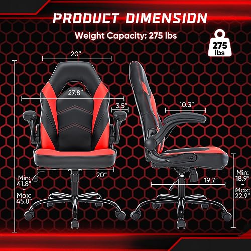 DUMOS Ergonomic Computer Gaming Chair with Flip-up Armrest, Height Adjustable PU Leather Home Office Desk Chair with Lumbar Support Swivel Wheels and for Adults and Kids, Scarlet Red DUMOS