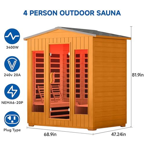 RESTISLAND Outdoor Sauna 4 Person, Far Infrared Sauna for Home Low EMF, Wooden Spa Dry Saunas Room with Infrared Lighting and Integrated Speakers, 7 Colors Chromotherapy for Indoor and Gym RESTISLAND