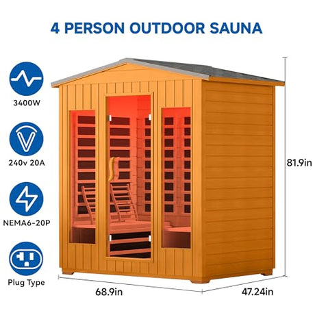 RESTISLAND Outdoor Sauna 4 Person, Far Infrared Sauna for Home Low EMF, Wooden Spa Dry Saunas Room with Infrared Lighting and Integrated Speakers, 7 Colors Chromotherapy for Indoor and Gym RESTISLAND
