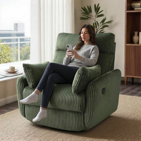 Swivel Recliner Chair for Adults, Corduroy Nursery Glider Rocking Chair, Armchair with 2 Pillows, Comfy High Back Reclining for Small Spaces, Nursery Bedroom Living Room (Corduroy Green, 1 Pack) UNUQLIVCO