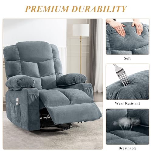 Oversized Massage Swivel Recliner Chair with Lumbar Heating for Living Room Rocker Recliner Single Sofa with Cup Holders and USB Charge Port, Large Big Chair Recliners for Adult