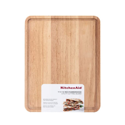 Kitchen Aid Classic Rubberwood Cutting Board with Perimeter Trench, Reversible Chopping Board, 11-inch x 14-Inch, Natural