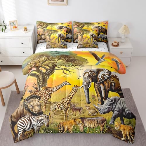 Erosebridal African Safari Animal Comforter Set Queen Size 7 Piece,Elephant Giraffe Bedding Set with Sheet Set,Zebra Cheetah Rhinoceros Bed in A Bag with Throw Pillow Covers,Reversible Erosebridal