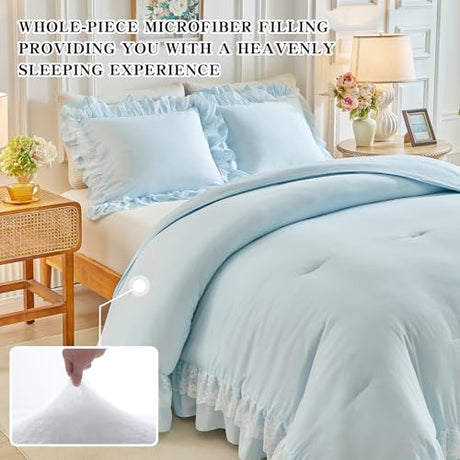 Joyreap Queen Size Comforter Set Blue, 3pcs Lace Ruffled Bedding Comforter Set, Microfiber Vintage Boho Chic Bedding Set for All Season- 88x88 inches Joyreap
