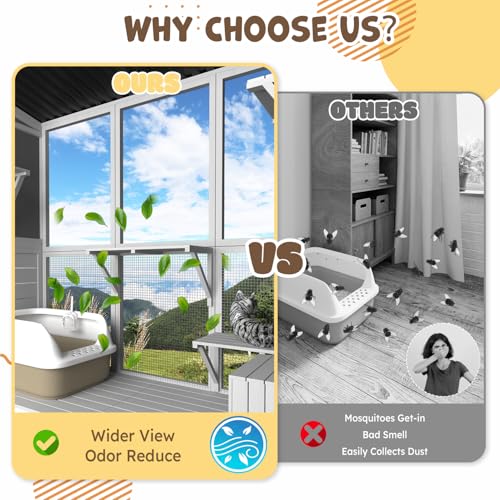 JFHID Catio Outdoor Cat Enclosure with Window Access, Large Window Catio Wood Cat House with 4 Platforms & 3 Doors for Napping & Nature Viewing – All-Weather Pet Cage for Indoor Cats, White JFHID