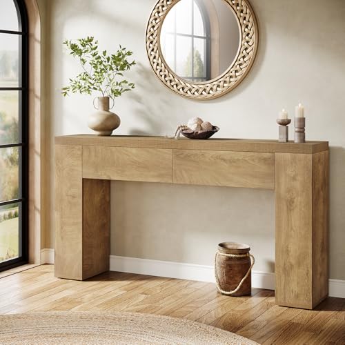 Tribesigns 63-Inch Wooden Foyer Table with with 2 Hidden Drawers, Farmhouse Console Table for Living Room, Hallway, Entrance, Easy Assembly (Brown) Tribesigns