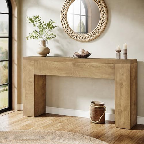 Tribesigns 63-Inch Wooden Foyer Table with with 2 Hidden Drawers, Farmhouse Console Table for Living Room, Hallway, Entrance, Easy Assembly (Brown) Tribesigns
