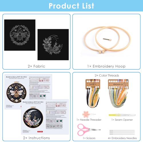 ERKOON Embroidery Kit for Beginners, 2 Set Flower Cross Stitch Set Include Embroidery Cloth Hoops Threads for Craft Lover Hand Stitch with Embroidery Skill Techniques (Bee Moon)