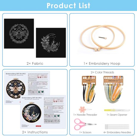 ERKOON Embroidery Kit for Beginners, 2 Set Flower Cross Stitch Set Include Embroidery Cloth Hoops Threads for Craft Lover Hand Stitch with Embroidery Skill Techniques (Bee Moon) ERKOON
