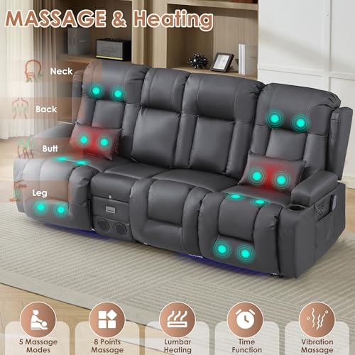 TUNYI Wall Hugger Loveseat Recliner Sofa with Console, Power Reclining Loveseat RV Couch with Massage & Heat/USB/Outlet/Storage/LED Light/Speaker (Light Grey, 3 Seat with Console)