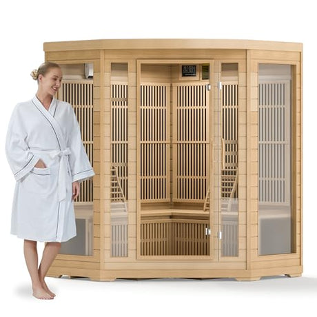 RESTISLAND Infrared Sauna Room for Home, 4 Person Indoor Home Sauna Spa, Far Infrared Canadian Wooden Corner Saunas with 10 Low Emf Heaters, Bluetooth Speakers, 7 Color Chromotherapy Lights RESTISLAND