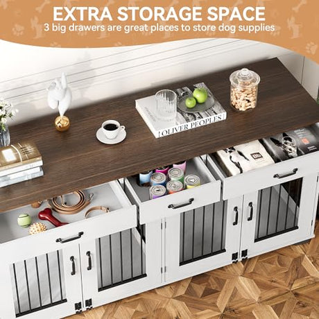 71 in Dog Crate Furniture for 2 Dogs, Wooden Double Dog Crate with 3 Drawers and Removable Room Divider, XXL Indoor Dog Kennel TV Stand End Table with Double Doors for Large Medium Dogs, White GarveeHome
