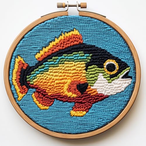 DIY Punch Needle Kits Bass Fish Easy for Beginners Punch Needle Embroidery Set for Craft Lovers with Printed Pattern and Hoop for Home Decor 20x20cm-5