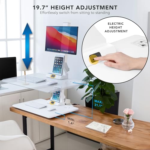 Mount-It! Electric Standing Desk Converter, Adjustable Tabletop Sit Stand Desk Riser with Single Monitor Mount for Monitors up to 32", Freestanding 28" Wide Platform Rises up to 20.75" White Mount-It!