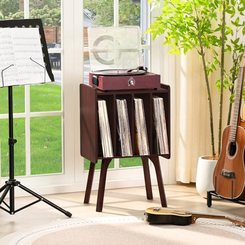 LELELINKY Small Record Player Stand - Width 11.7 in, Walnut Vinyl Record Storage Table with 4 Cabinet Up to 80 Albums, Vinyl Holder with Wood Legs,Turntable Stand Display Shelf for Bedroom Living Room LELELINKY