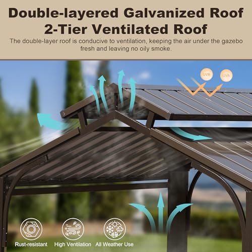 Domi 8x5FT Hardtop Grill Gazebo, Outdoor BBQ Gazebo with 2 Side Shelves and Ceiling Hook, Outdoor Grill Canopy with Galvanized Steel Double Roof for Patio Lawn Backyard Deck, Brown domi outdoor living