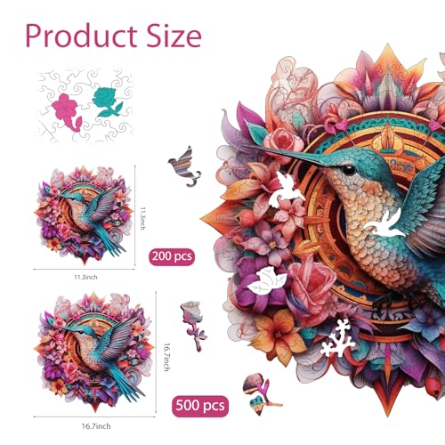 Ruikiyart Wooden Puzzles for Adults Mandala Hummingbird Jigsaw Puzzles 200Pcs Unique Shapes Bird Puzzles Great Gift for Adults and Couples on Valentine's Day,Women's Day 11.3 x 11.3 Inches Ruikiyart