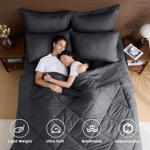 HEVUMYI 7 Pieces Queen Comforter Set, All Season Reversible Bed in a Bag, Ultra Soft Queen Bedding Set with Grey Comforter, Flat Sheet, Fitted Sheet, Pillowcases, Pillow Shams, Dark Grey HEVUMYI