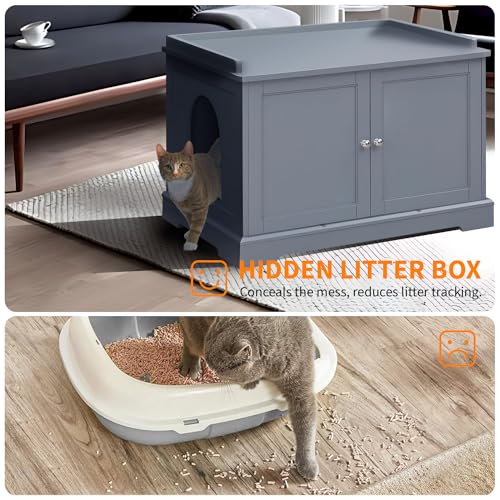 Cat Litter Box Enclosure Furniture, Litter Box Furniture Hidden with Removable Divider, Wooden Cat Washroom Furniture,Cat House, 28.74“L x 21.1”W x 20.24“H - Gray Sumell