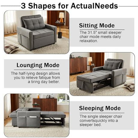 Yosonch Sofa Bed Chair Convertible ，Sleeper Sofa with Pull-Out Bed ，3-in-1 Futon Couch with Reclining Backrest and Side Pocket (Dark Grey, 35.6‘) Yosonch