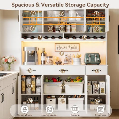 AXCIGOC 72" Tall Kitchen Pantry Cabinet with Charging Station 55" Wide Kitchen Hutch Cabinet with LED Light and Countertop Large Kitchen Pantry Storage Cabinet With Adjustable Shelves and Wine Rack AXCIGOC