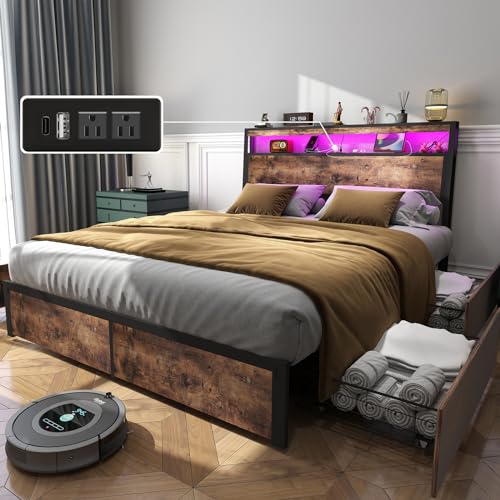 Anyhave Queen Size Bed Frame with 4 Storage Drawers, Charging Station & LED Headboard in Vintage Brown - WoodArtSupply