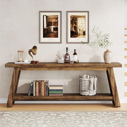 Condemo 70.9" Extra Long Entryway Table, Farmhouse Wood Console Table with Storage, 2-Tier Narrow Sofa Table Behind Couch for Living Room, Hallway, Entrance, Foyer, Rustic Brown Condemo