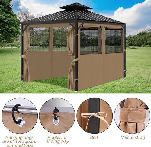 Gazebo Privacy Curtains 10' x 12' with Mosquito Windows, 4-Panels Side Wall with Zipper Universal Replacement for Patio, Outdoor Canopy, Garden and Backyard, Khaki (Curtain Only) - WoodArtSupply