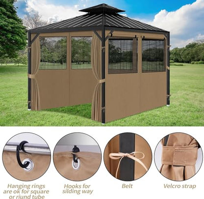 Gazebo Privacy Curtains 10' x 12' with Mosquito Windows, 4-Panels Side Wall with Zipper Universal Replacement for Patio, Outdoor Canopy, Garden and Backyard, Khaki (Curtain Only) - WoodArtSupply