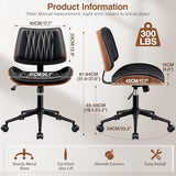 Ergonomic Armless Office Desk Chair - Mid-Century Modern Black Faux Leather with Diamond Stitch, Adjustable Height Swivel Rolling Task Computer Chair with Walnut Accent for Home Office, Study & Work fidom
