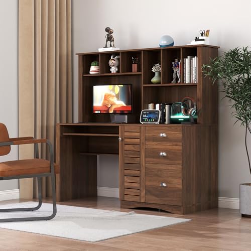 58" Vintage Desk with Hutch, Wood Home Office Executive Desk with Drawer, Printer Stand, Keyboard Tray, File Drawer, Storage Cabinet, Rustic Writing Computer Desk (Walnut, 57.68") HMYFGD