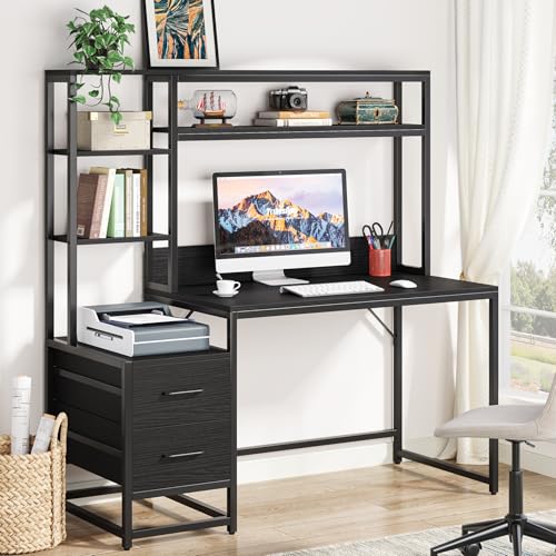 Tribesigns 55 Inch Computer Desk with 2 Drawers and Storage Shelves, Rustic Office Desk with Hutch, Study Writing Gaming Table Laptop Workstation for Home Office (Black) Tribesigns