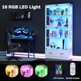 Lamtor Glass Display Cabinet with Doors - Curio Cabinet with Dynamic LED Lights for Collectibles, 67" Display Case with 4 Tier and Drawers for Figure, Toys, Books, White Lamtor