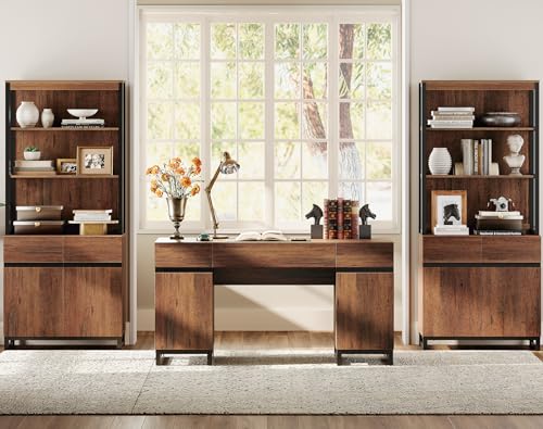 WAMPAT 4 PCS Modern 72" Tall Bookshelf with Metal Base and Adjustable Shelves, Library Bookcase with Storage Cabinet and Open Book Shelfs, Wood Bookshelves for Home Office, Living Room, Brown WAMPAT