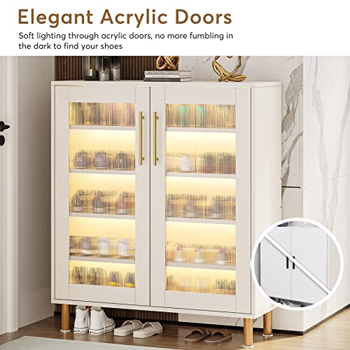 Tribesigns Shoe Cabinet with Acrylic Doors and LED Light, 24 Pairs Entryway Shoe Organizer Storage Rack with 5-Tier Adjustable Shelves for Narrow Closet, Hallway, Living Room (White & Gold) Tribesigns