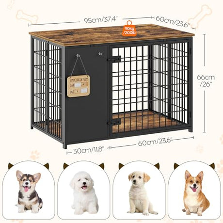 YATINEY Foldable Dog Crate Furniture, Dog Crate with DIY Frame, Heavy Duty Dog Kennel Indoor with Hooks, Wooden Dog Cage End Table, for Small/Medium Dogs, Rustic Brown and Black DC95BR YATINEY
