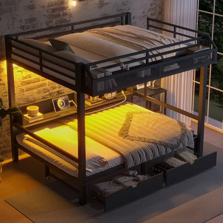 Harper & Bright Designs Queen Size Bunk Bed with Drawers and Storage Shelves, Can be Converted into Sofa, Metal Bunk Bed Frame with USB Ports and LED Lights (Black/Queen) Harper & Bright Designs