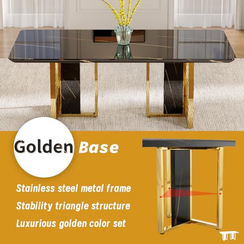 MEMUY 79" Black Modern Dining Table Set for 8,MDF Board Wood Table Top with Golden Metal Legs,Glossy Black Kitchen Room Table Set for 8-10 Person,Dining Room Table with 8 Black Golden Chairs MEMUY
