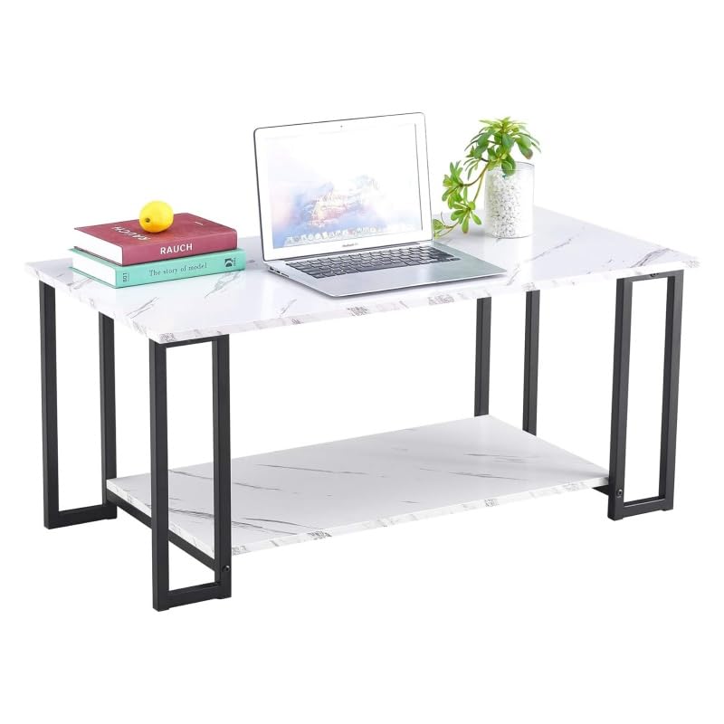 Nicemoods 39.37" Coffee Table, 2 Layers 1.5cm Thick Marble MDF Rectangle Tabletop Iron Coffee Table, Dining Room, Coffee Shop, Restaurant, White Top (White+ Black Leg) Nicemoods