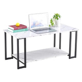 Nicemoods 39.37" Coffee Table, 2 Layers 1.5cm Thick Marble MDF Rectangle Tabletop Iron Coffee Table, Dining Room, Coffee Shop, Restaurant, White Top (White+ Black Leg) Nicemoods