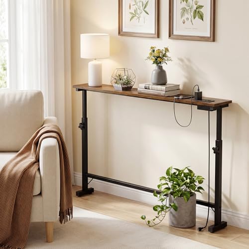 Lanynne Narrow Console Table with Adjustable Height Rustic Behind Couch Sofa Table with Power Outlets 39.4" Long * 5.9" Deep Entryway Table for Hallway Bedroom Living Room Foyer Classic Lanynne