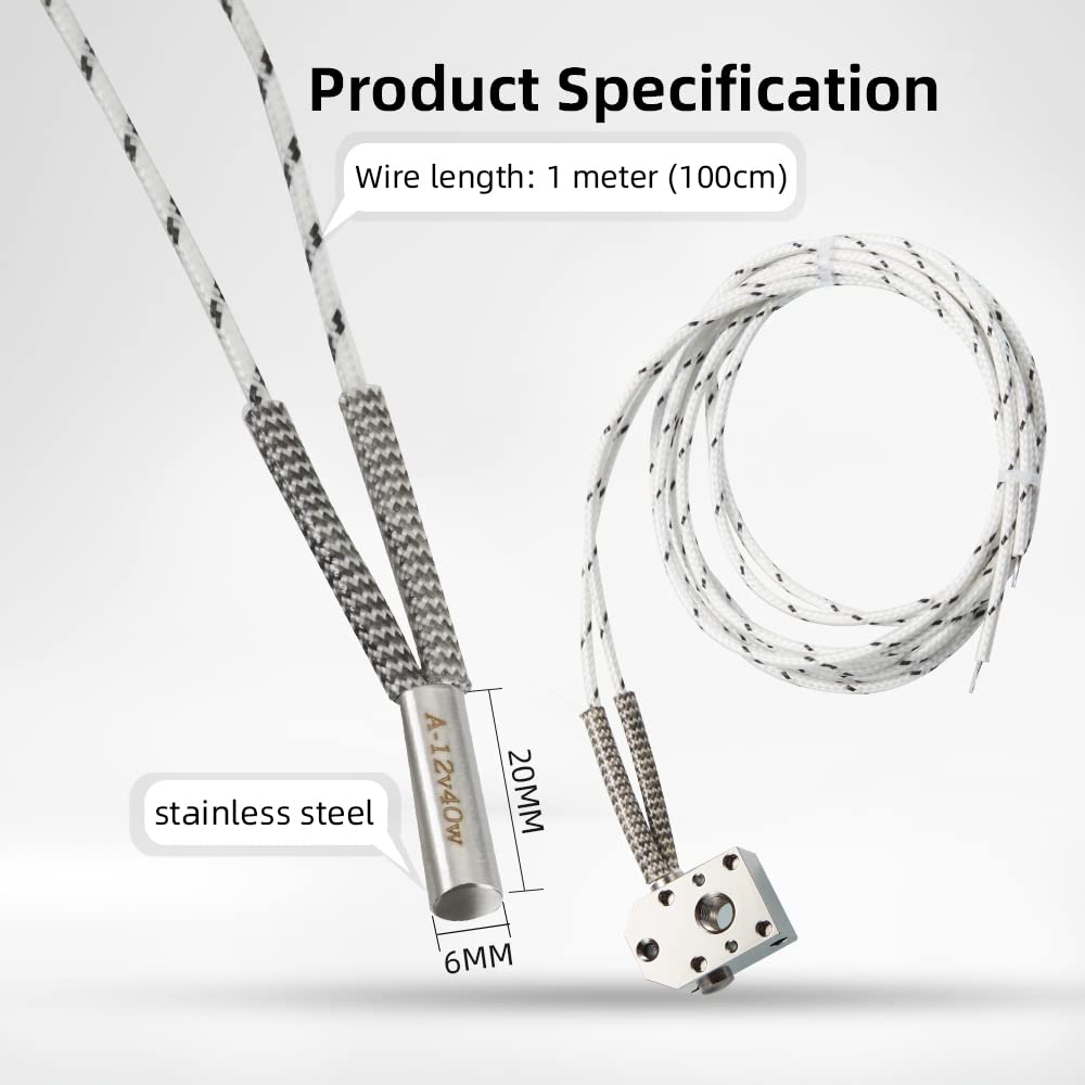 Upgrade 3D Printer NTC 100K 3950 Thermistor, HT-NTC100K Ender 3 Thermistor Sensor and 3D Printer Heater Cartridge Wire 12V40W Compatible for E3D V6 PT100 Ender 3, Ender 3 V2, Ender 5/PRO CR-10, SAPLUSREPRAP