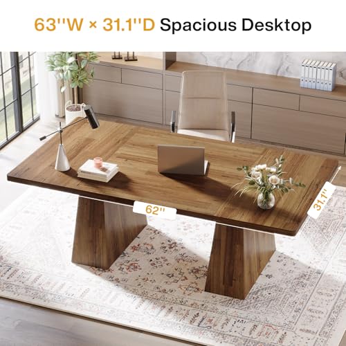 Tribesigns 63-Inch Executive Desk, Large Office Computer Desk with Double Pedestal, Modern Simple Workstations Writing Table Conference Table Business Furniture for Home Office, Light Brown Tribesigns