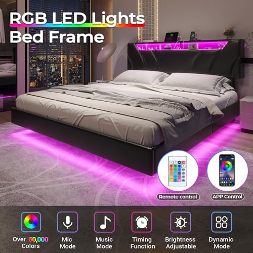 DICTAC Full Size Floating Bed Frame with led Lights & Storage Headboard Full Led Visual Floating Bed with Outlets Faux Leather Upholstered Platform Bed with Hidden Storage,No Box Spring Needed,Black DICTAC