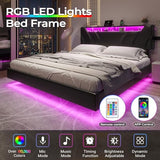 DICTAC Full Size Floating Bed Frame with led Lights & Storage Headboard Full Led Visual Floating Bed with Outlets Faux Leather Upholstered Platform Bed with Hidden Storage,No Box Spring Needed,Black DICTAC