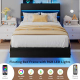 iPormis Floating Twin Size Bed Frame with LED Lights & Charging Station, Platform Bed with Wooden Storage Headboard, Heavy Duty Slats Support, No Box Spring Needed, Easy Assembly, Noise-Free, Black iPormis