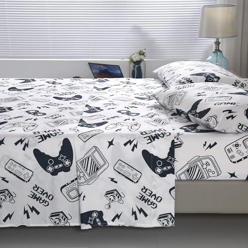 SDIII 4PCS Black and White Gamer Bedding Sheet Sets for Boys Girls Teens and Kids, Bed in a Bag Full Sheet Set, Video Game Bed Sheet Set on Amazon, Full SDIII