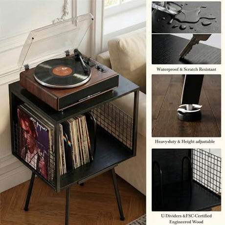 Faesun Record Player Stand with Storage Holds 100+ Vinyl Records, Industrial Turntable Stand with Storage Shelf, LP Album Organizer Cabinet for Small Spaces, Black End Table Faesun