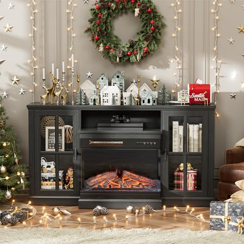 JUMMICO Fireplace TV Stand for TVs up to 65'', 3-Sided Glass Media Entertainment Center Console Table with Cabniet Storage Adjustable Flame LED Color for Living Room (Black) JUMMICO