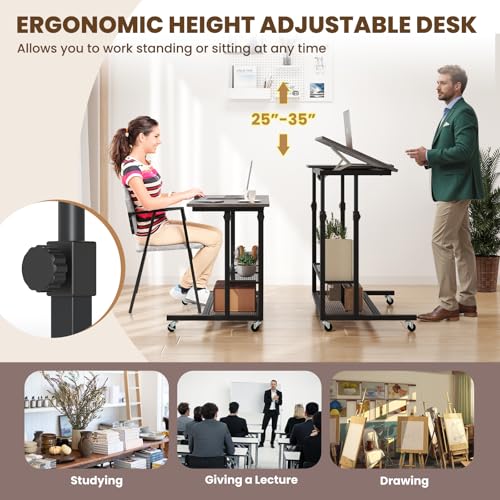 Giantex Mobile Standing Desk, Adjustable Rolling Computer Desk w/Tilting Desktop & Storage Shelves, PC Laptop Table, Small Compact Desk on Wheels for Small Space, Living Room & Bedroom (Black Oak) Giantex